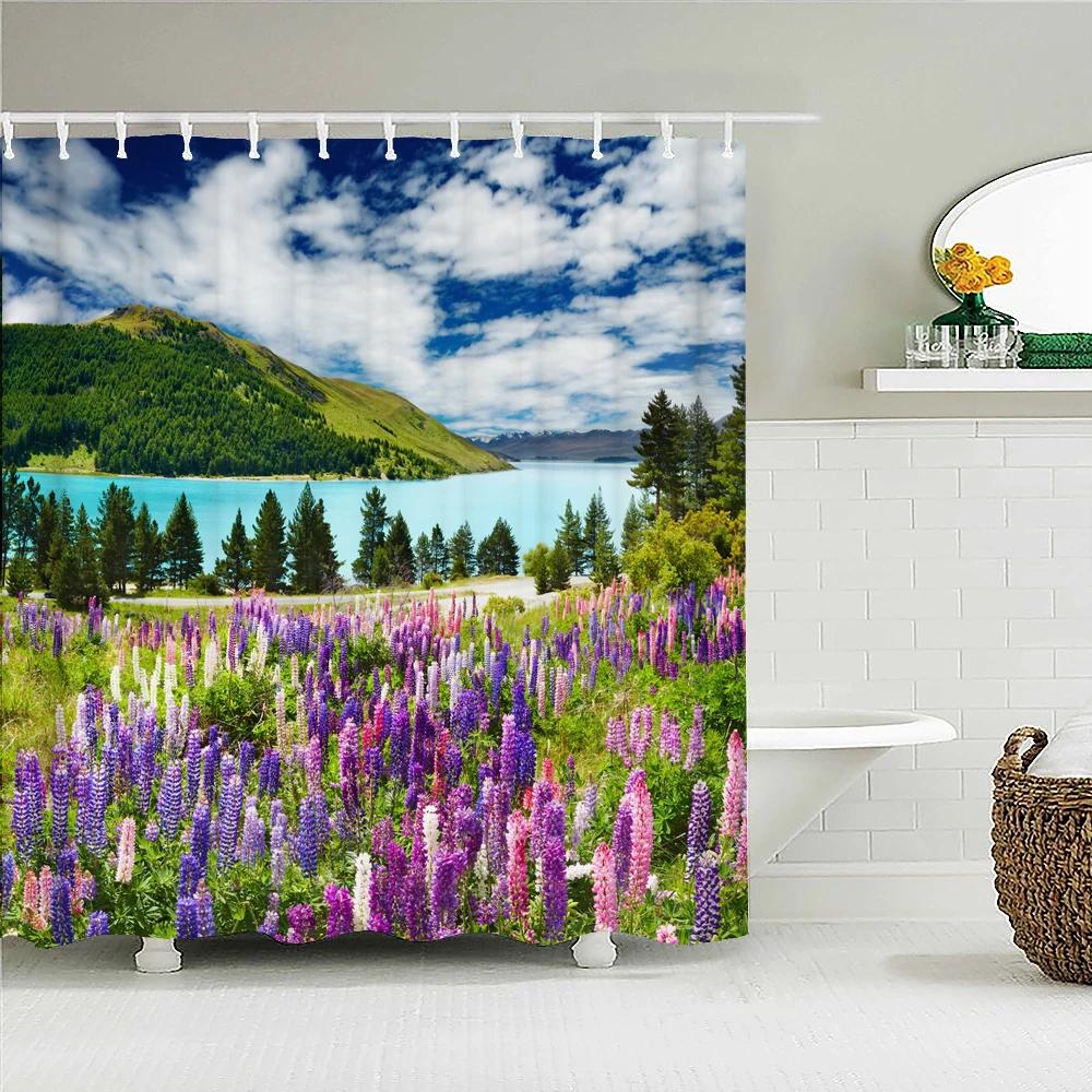 Rural Nature Scenery Shower Curtains Bathroom Polyester Waterproof Shower Curtain Lavender Printing Curtains For Bathroom Shower W60H190(CM)-1 Pcs