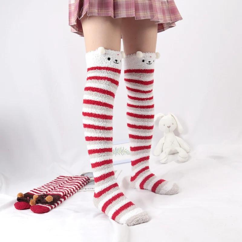 

Женские милые высокие носки в стиле «Лолита», зимние полосатые коралловые бархатные длинные носки, теплые толстые носки длиной до колена, домашние махровые чулки One Size