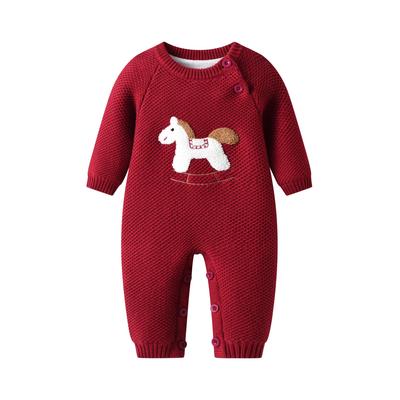 2026 Year of the Horse Baby Red Knit Jumpsuit - Warm Cotton Velvet New Year's Outfit