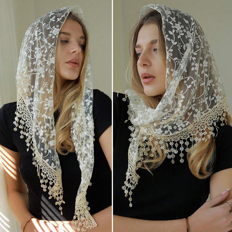 Simple Floral Printed Lace Triangle Scarf Embroidered Ethnic Style Lace Head Scarf Thin Scarf Accessories Veil Headband Women