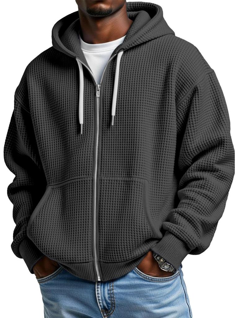 Men's 2025 Waffle Texture 3D Print Double Hooded Zip Sweatshirt