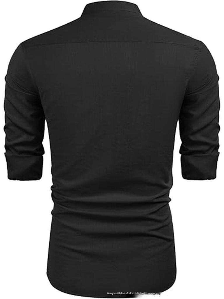 Men's Casual Cotton Linen Stand Collar Shirt - European & American Style for Summer Beach Vacation 2023