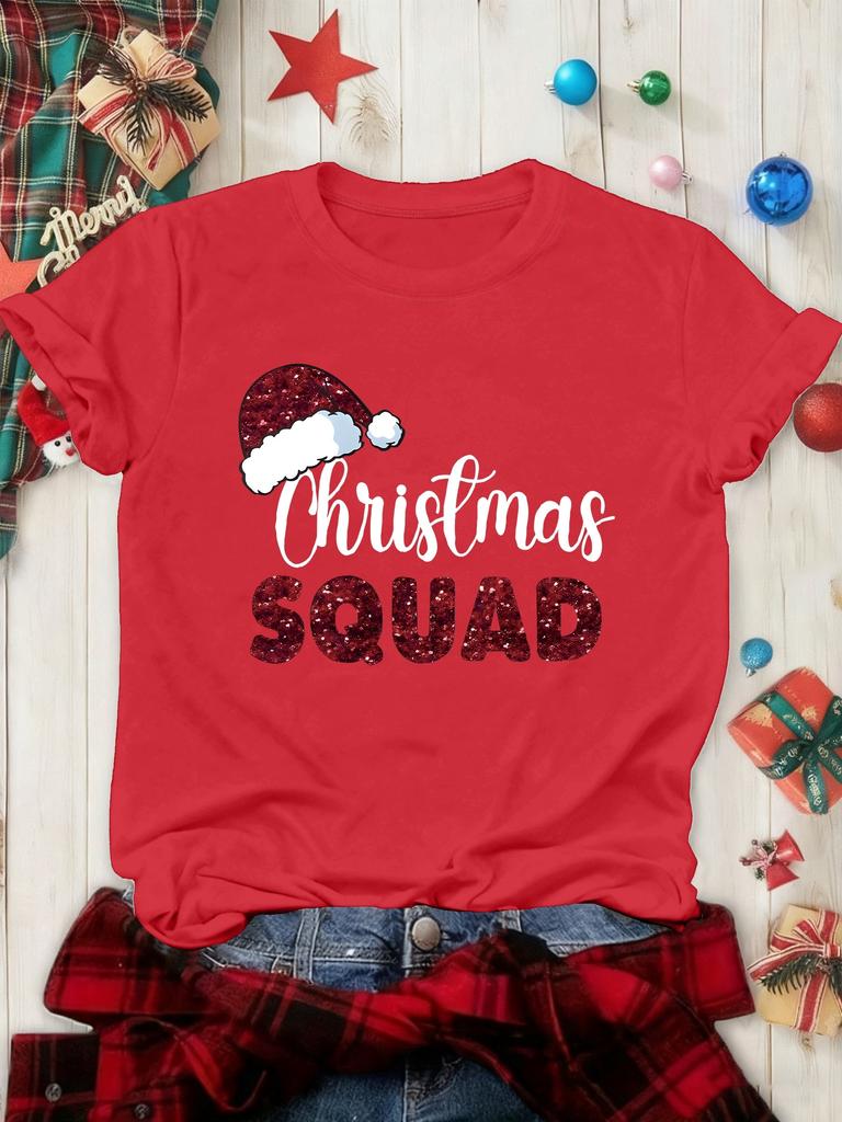 Christmas Christmas Team Letter Tshirt Casual Round Neck Retro Tshirt For Summer Daily And Holiday Wear Unisexs Clothing