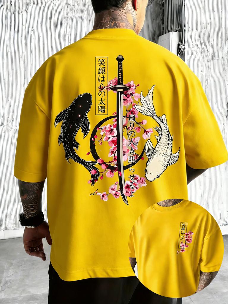 2026 New Style Mens Summer Japanese YinYang Carp Fish and Samurai Sword Pattern Loose Comfortable TShirt