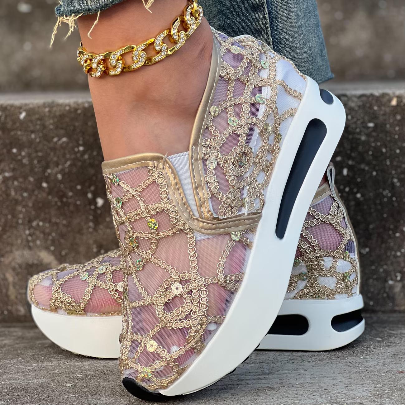 

Жіночі повсякденні кросівки на платформі з вирізами та паєтками, Жіноче взуття 36 золотий