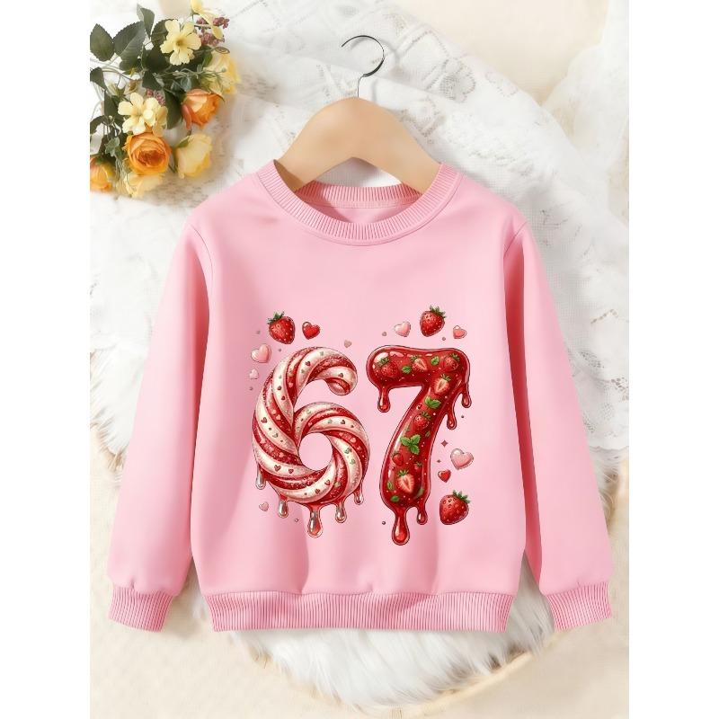 Unisex Kids Crewneck Sweatshirt, Candy Strawberry Number 67 Heart Print Pullover, Boys Girls Cute Birthday Sweatshirt For Kids Over 4 Years Old