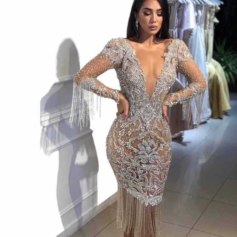 2025 European & American Women s Deep V Cutout Gold Splashed Long Sleeve Gown XL серебряный