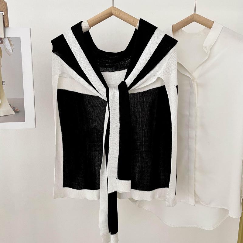 Navy Style Knitted Shawl for Women: Spring/Summer Sun Protection, Air-Conditioned Room Wear, Color Block Design, Fake Collar.