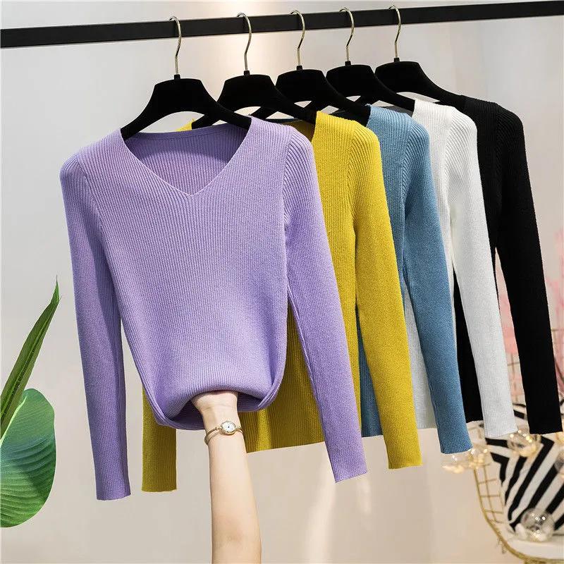Women Sweater Autumn Long Sleeve Pullover Basic Top Fashion V-neck Elastic Female Winter Solid Knitted Jumper Sweater