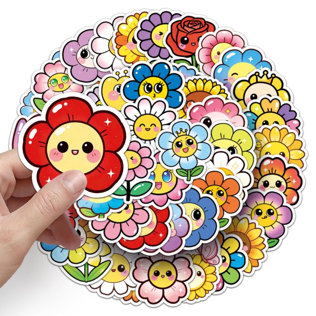 50 Cute Smiley Flower Stickers – Childlike Q Version for Journals, Water Bottles, Cars, and Helmets