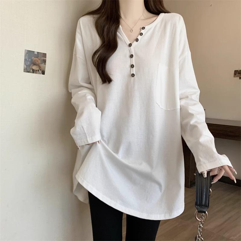 

Весна Осень Однотонная Хлопковая Футболка с V-образным вырезом Женская С Длинным Рукавом На Все Случаи Жизни Базовая Футболка Женский Пуловер Топ S белый