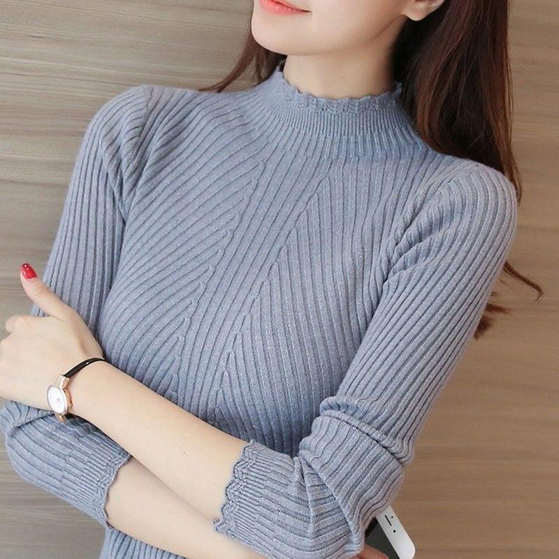 Maglione da Donna con Collo Alto e Volant Manica Lunga Lavorato a Maglia Base a Righe Pullover Casual da Donna Autunno