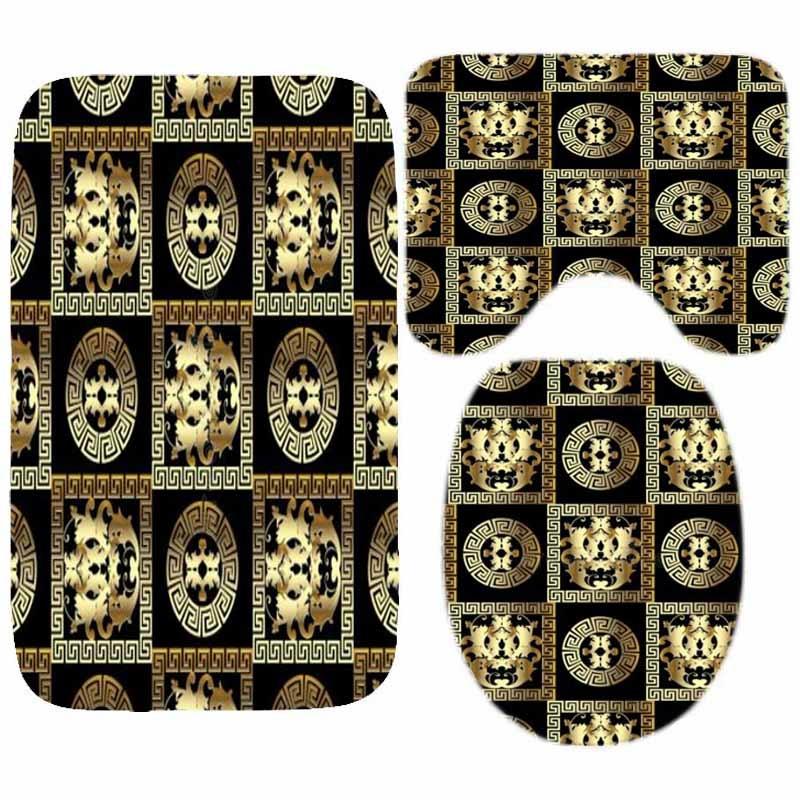 Luxury Black Gold Greek Key Meander Border Bath Rug Set Modern Geometric Ornate Bathroom Door Mat for Toilet Floor Carpet Decor