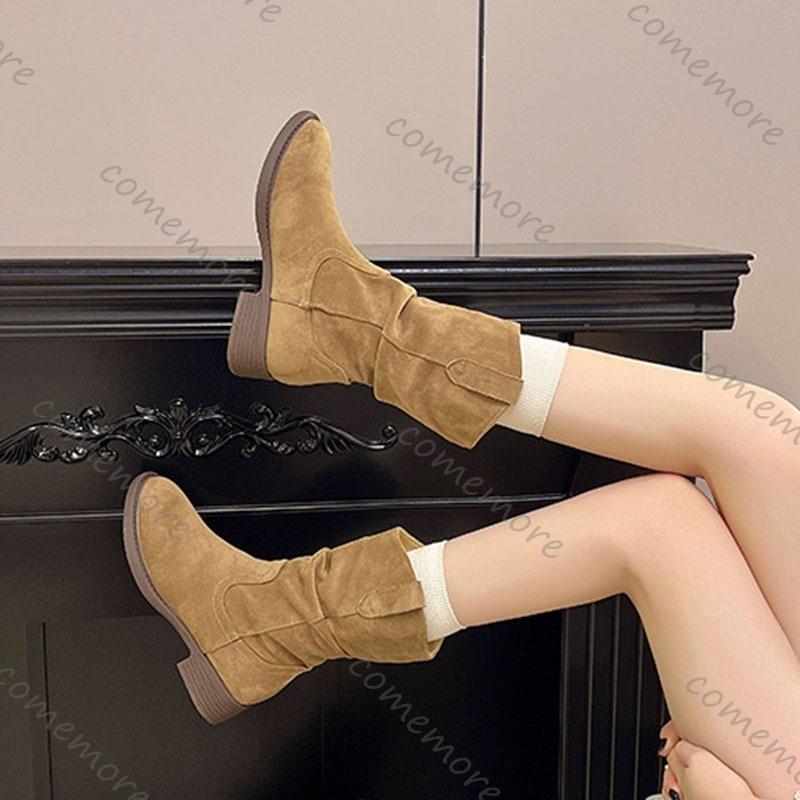 Comemore Suede Western Stacked Boots Women Chunky Heeled Mid-calf Boots Women Spring Autumn Shoes Solid Retro Botas
