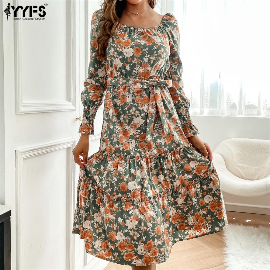 

YYFS женские винтажные повседневные платья с квадратным воротником и длинным рукавом с цветочным принтом
