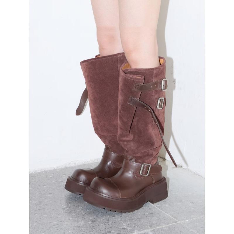 

Cowhide~ Thick-soled retro but knee boots women s widened version new suede retro wind stacking boots tooling boots 35
