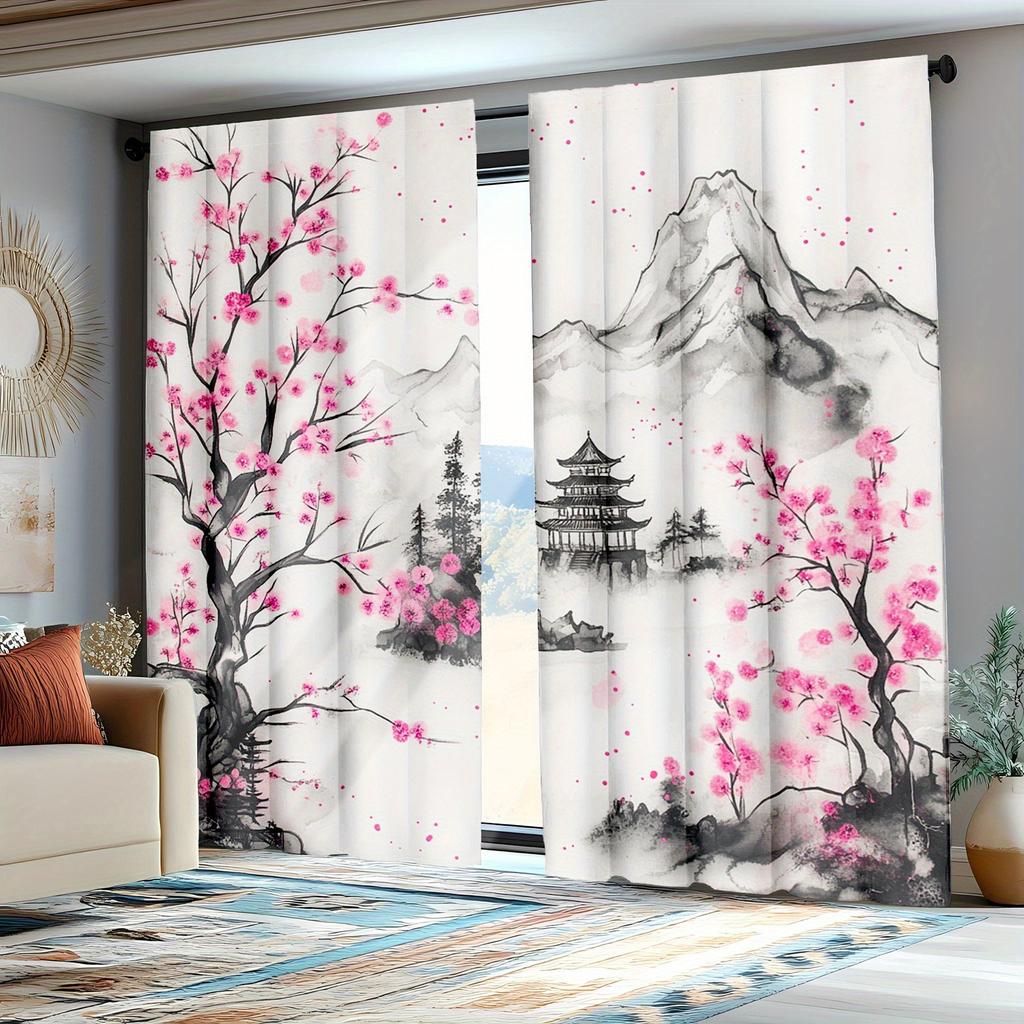 2Pc Japanese Cherry Blossom And Watercolor Pattern Curtains, Polyester Fabric, Suitable For Bedroom And Living Room