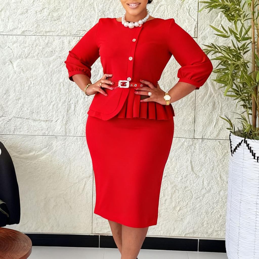 Eleganti Abiti Bodycon da Donna Scollo a O Bottoni Lisci Cintura in Vita Lunghezza Media Taglie Forti