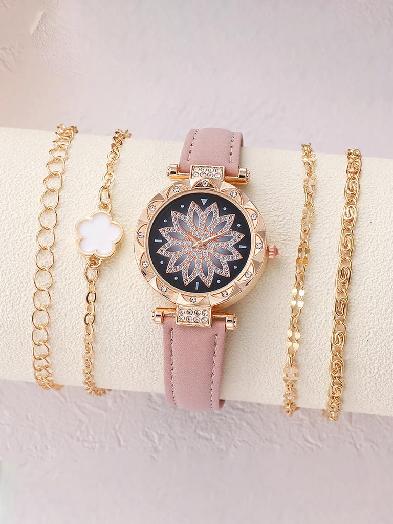 Fashion Flower Diamond Round Dial Leather Strap Women's Quartz Watch Set of 5 for Christmas and Thanksgiving Gifts