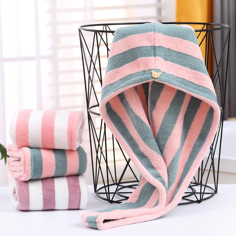 

Широкая полосатая шапочка для душа из кораллового флиса, быстросохнущее полотенце для сушки волос для девочек с длинными волосами, водопоглощающее полотенце для сушки волос, мягкое полотенце для головы, полотенце для головы 25*65cm