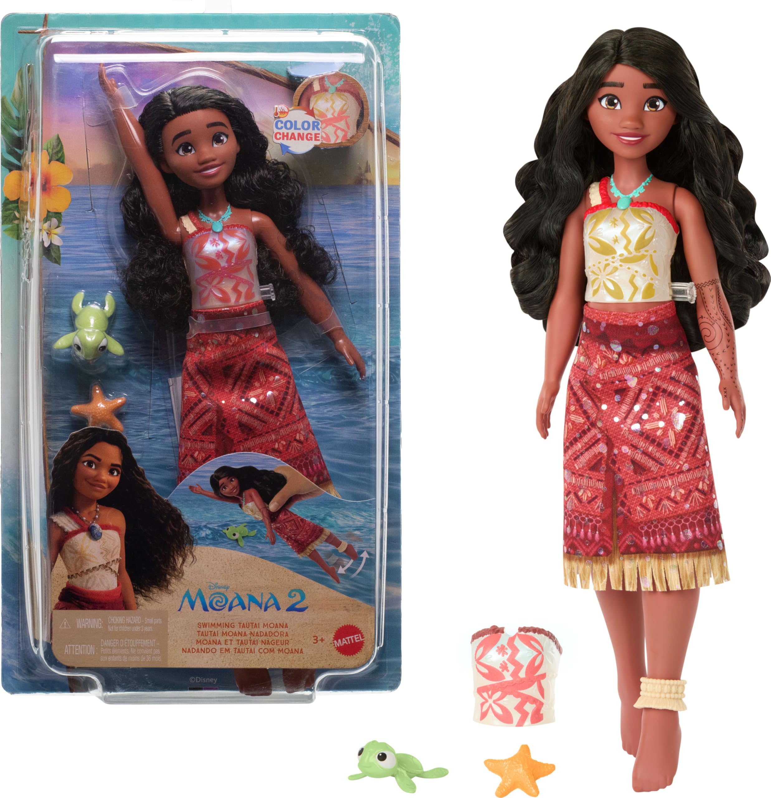 Mattel Disney Моана 2 Игрушка для плавания Тау Тай Моана Модная кукла с 2 аксессуарами, меняющими цвет телами и двигающимися ногами, Вдохновленная фильмом