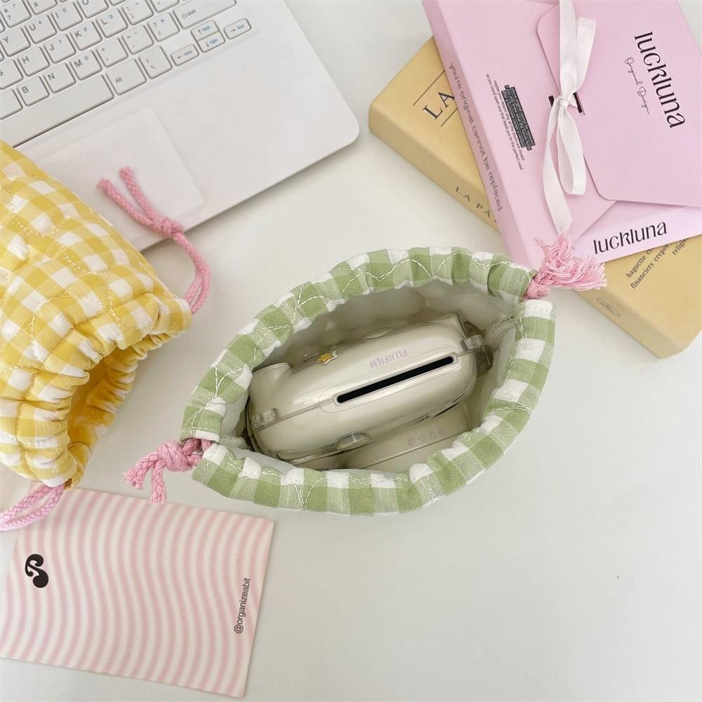 Plaid Drawstring Wallet Anti-fall Makeup Lipstick Storage Bag Camera Storage Bag  for Travel