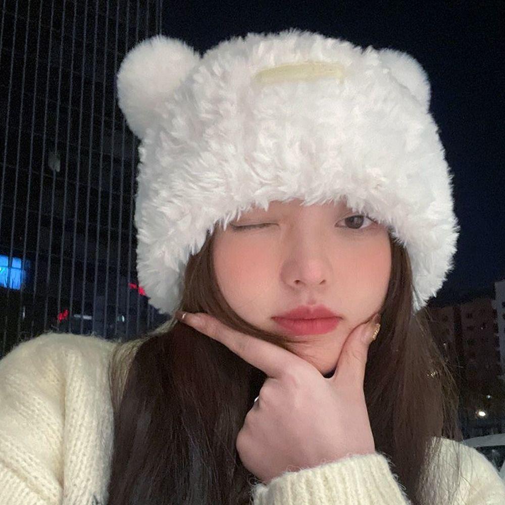 

Cute Knitted Hat Plush Wool Hat Fashion Bear Ear Hat Women