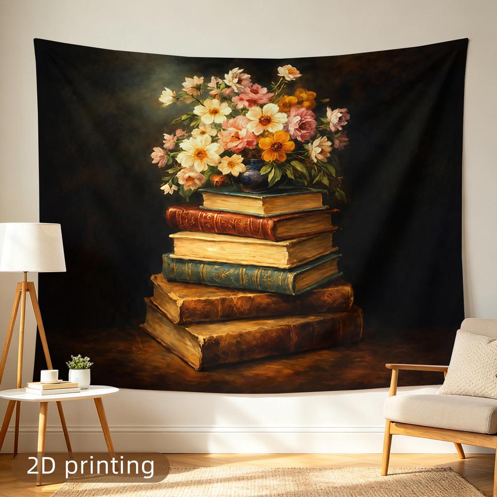 Decorative Tapestry Wall Hanging Floral Bouquet on Stack of Vintage Books Art Canvas Print for Living Room Bedroom Library Decor