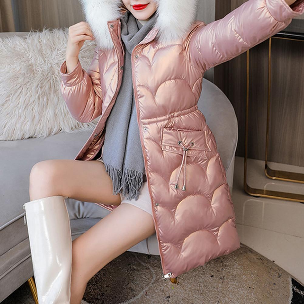 Winter Women Waist Cinching and Slimming Cotton Coat Thickened Padded Faux Fur Hood Outerwear Smooth Slim Fit Windproof Mid Length Hooded Down Coat