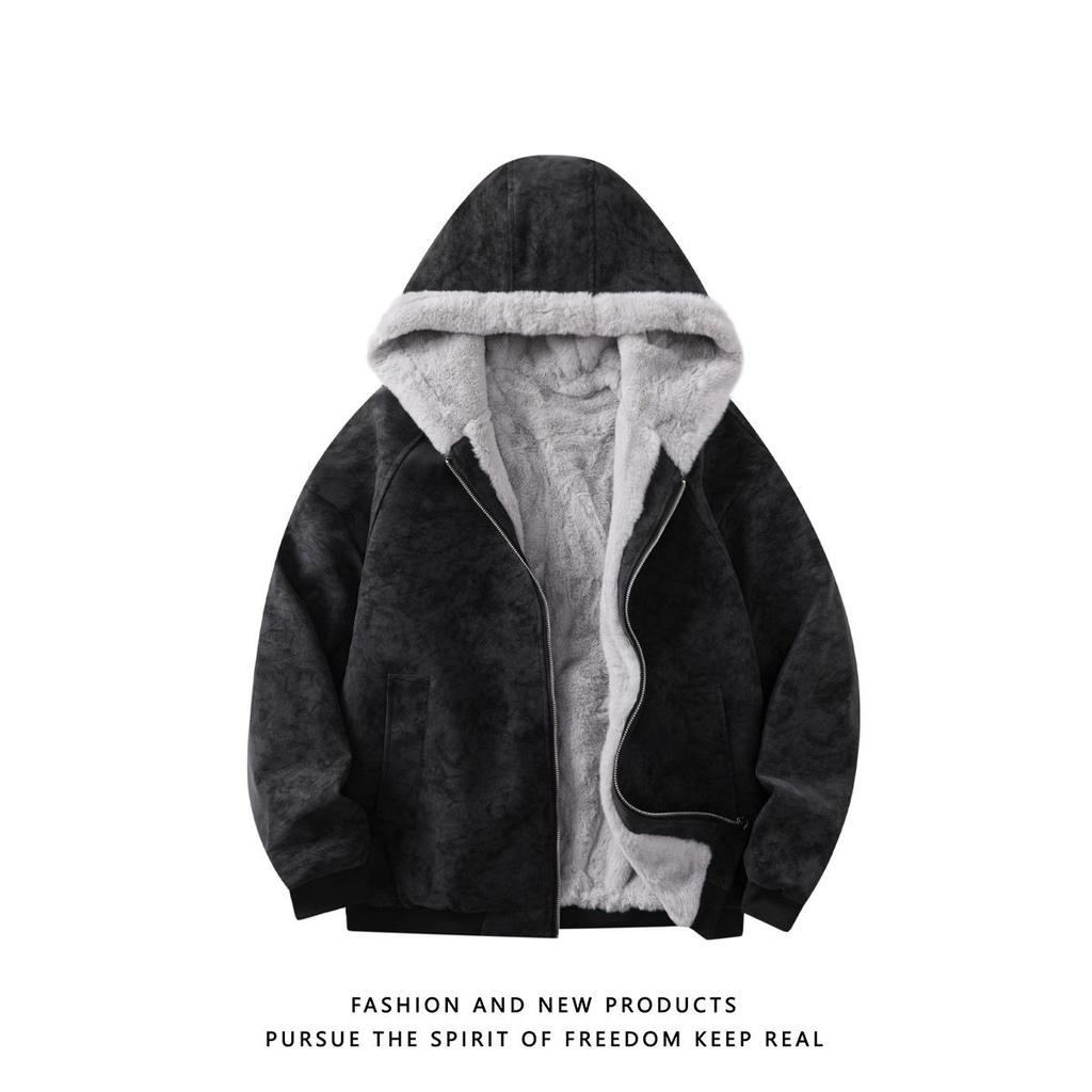 Zuoshan Diao Men's Hooded Winter Jacket - Loose Fit, Thickened, Velvet-Lined, Trendy American Style Cotton Coat.