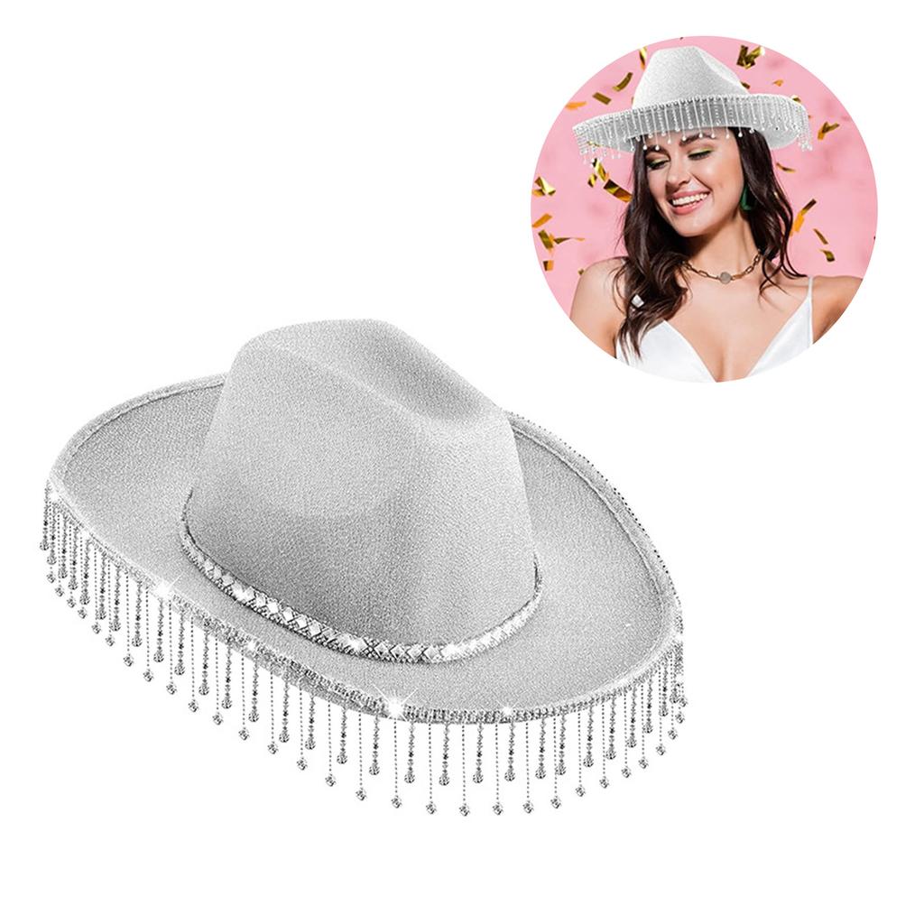 Rhinestones Tassels Cowboy Hat for Women Teens Breathable Wide Brim Beach Hat Music Festival Hat Bachelorette Party Cap