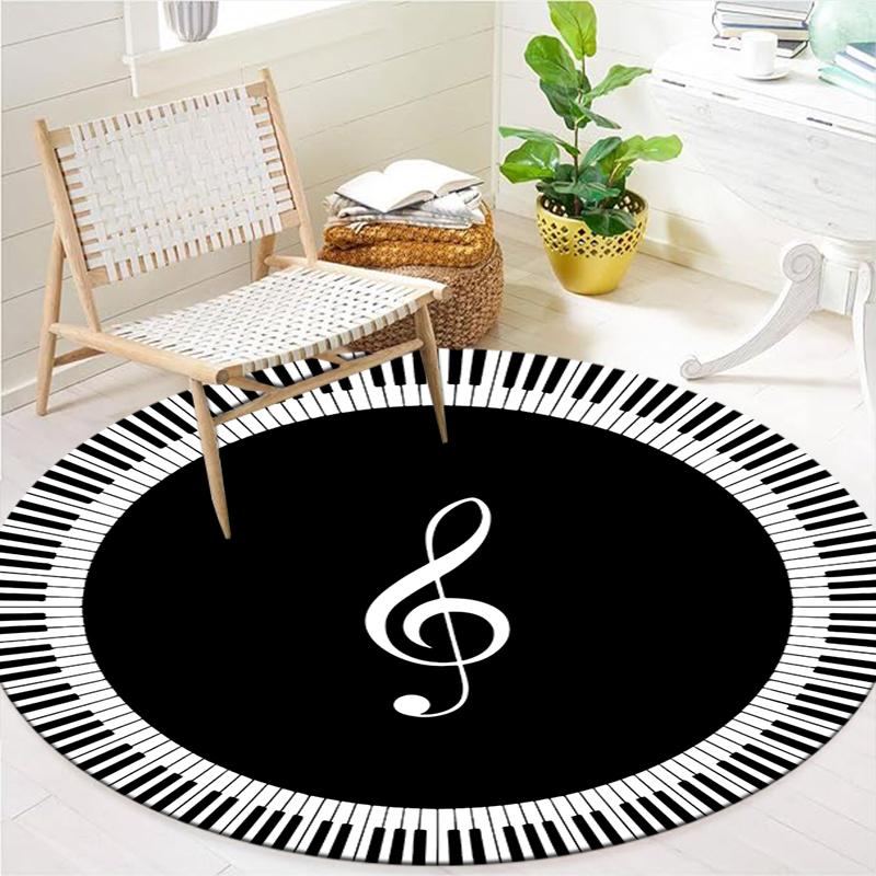 Black and white music keys Round Area Rug,Carpet Rug for Living Room Bedroom Sofa Playroom Decor,Non-slip Floor Mat