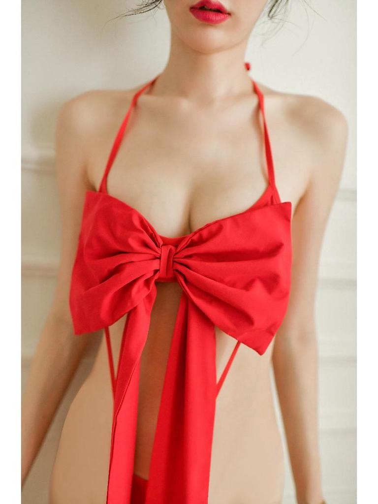 Festive Bow-Accent Halter Bodysuit Lingerie Set