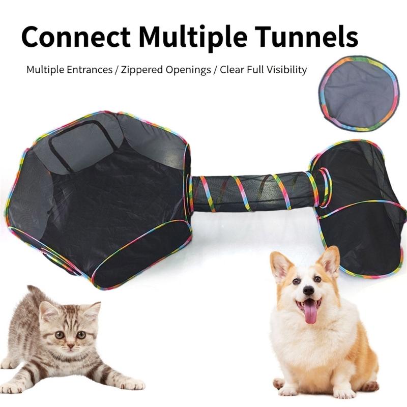 Netz-Katzen-Tunnel Spielset gegen Langeweile, Faltbares Schnelles Spielhaus mit 3 Verbindbaren Teilen zum Krabbeln, Verstecken und für Wohnungstraining