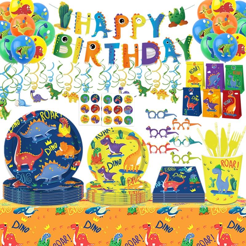 Geschirr-Ballon-Set mit Cartoon-Dinosaurier-Motiv, für Kindergeburtstage, Einweggeschirr, Veranstaltungsort-Dekoration, Fotografie-Requisiten