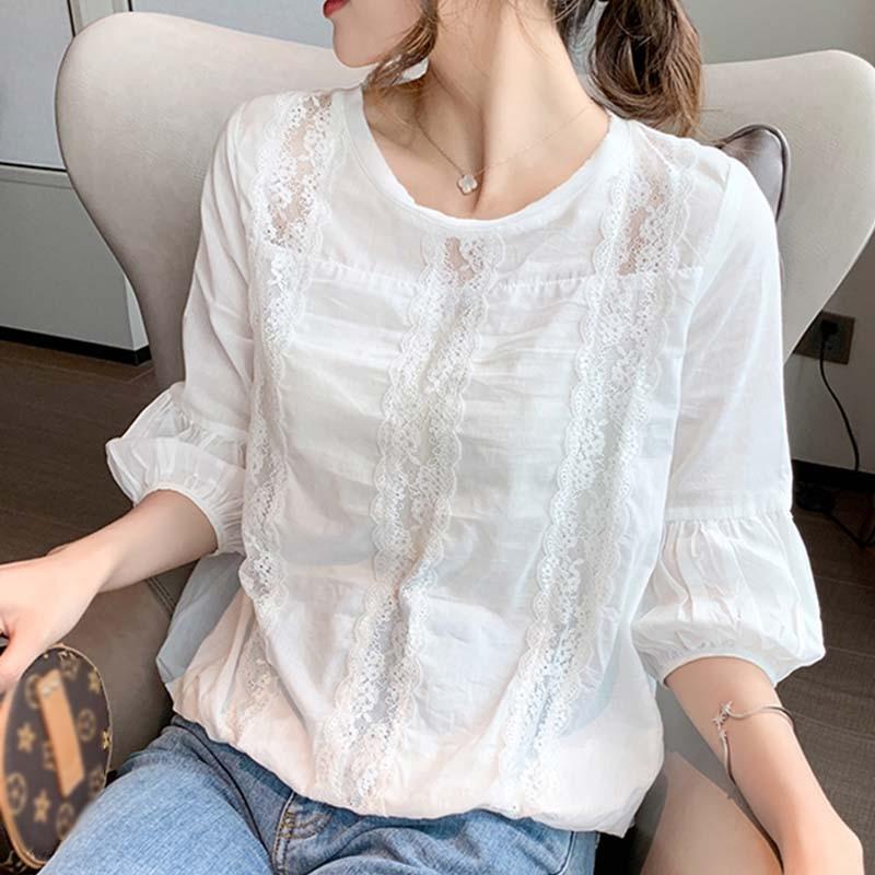 Sweet Chic Floral Chiffon Lace Shirt Casual Lantern Sleeve White Blouses Women Korean Loose Ladies Tops Blusas Mujer 15204