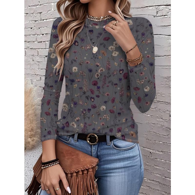 Women's long-sleeved T-shirt for autumn, small floral print, casual street style, round neck pullover, loose fit outdoor T-shirt