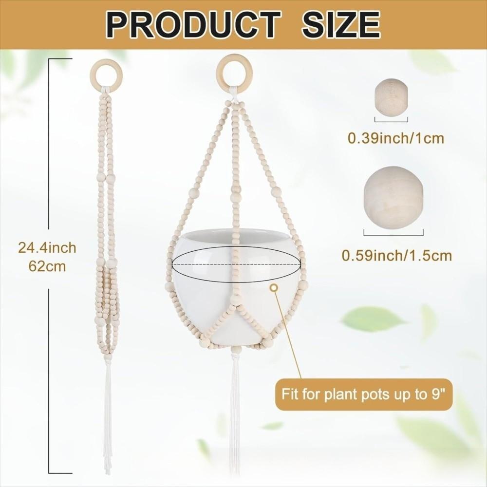 Natural Wood Beads Hanging Planter Basket Macrame Fringe Macrame Plant Hanger Outdoor Garden