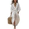 2026 Women's Solid Color Shirt Collar Long Sleeve Pocket Cardigan Dress