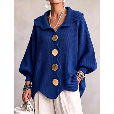 Damen Strickjacke mit Rüschenkragen Wellensaum Große Knöpfe Fledermausärmel Lockerer Pullover Mantel