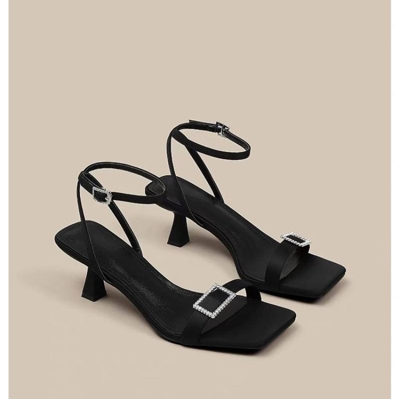 

Fashion Square Toe Women s Sandals Crystal Mid Heels Shoes Buckle Fashion Dress Pumps 2025 Slingback Shallow Summer Sandalias De Mujer 35 чёрный