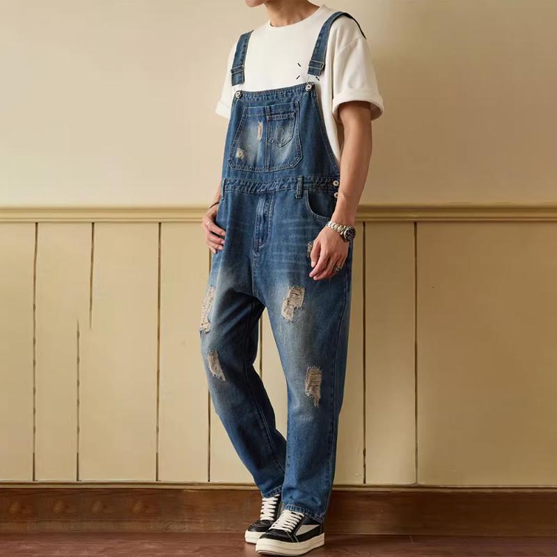 Salopette in Denim Lavato Vintage da Uomo – Salopette con Tasche e Effetto Usurato | Perfetta per Outfit Hip Hop, Skate o Casual