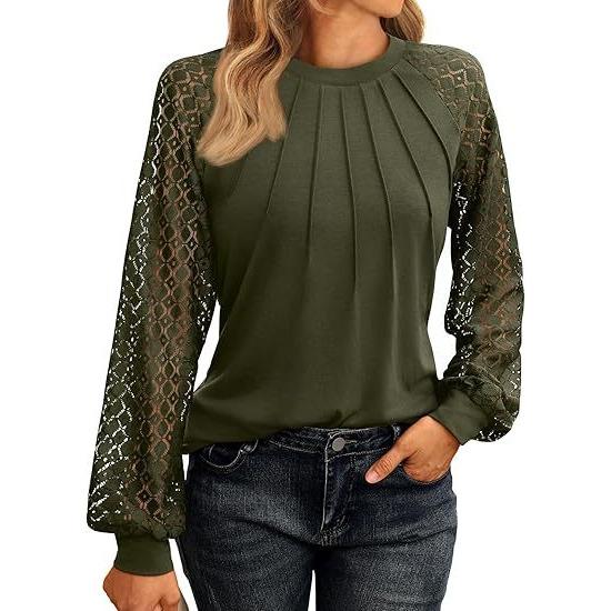GMXIA Fall New Women's Long Sleeve Shirt for Women Lace Top Casual Autumn Knit Shirt