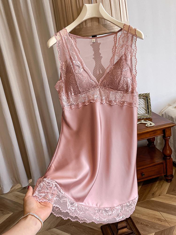 Women s Silk Lace Nightgown with Built-in Bra - Sexy, Sleeveless, Spring/Summer Style Large розовый