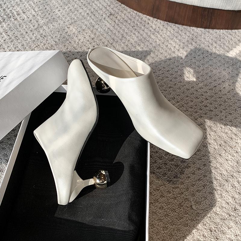 New Heel Square Toe Slip-On Mules Shoes For Women  Genuine Leather Retro Commuter Closed Toe Backless High Wine Glass Heels