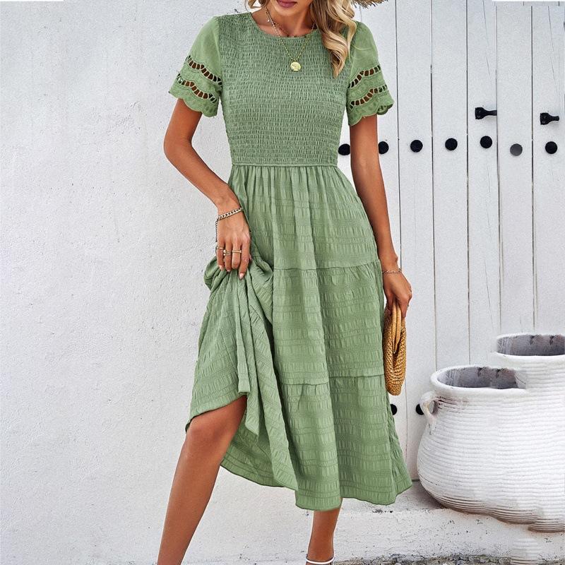 Women's Spring and Summer Temperament Solid Color Short-sleeved Hollowed Out Dresses