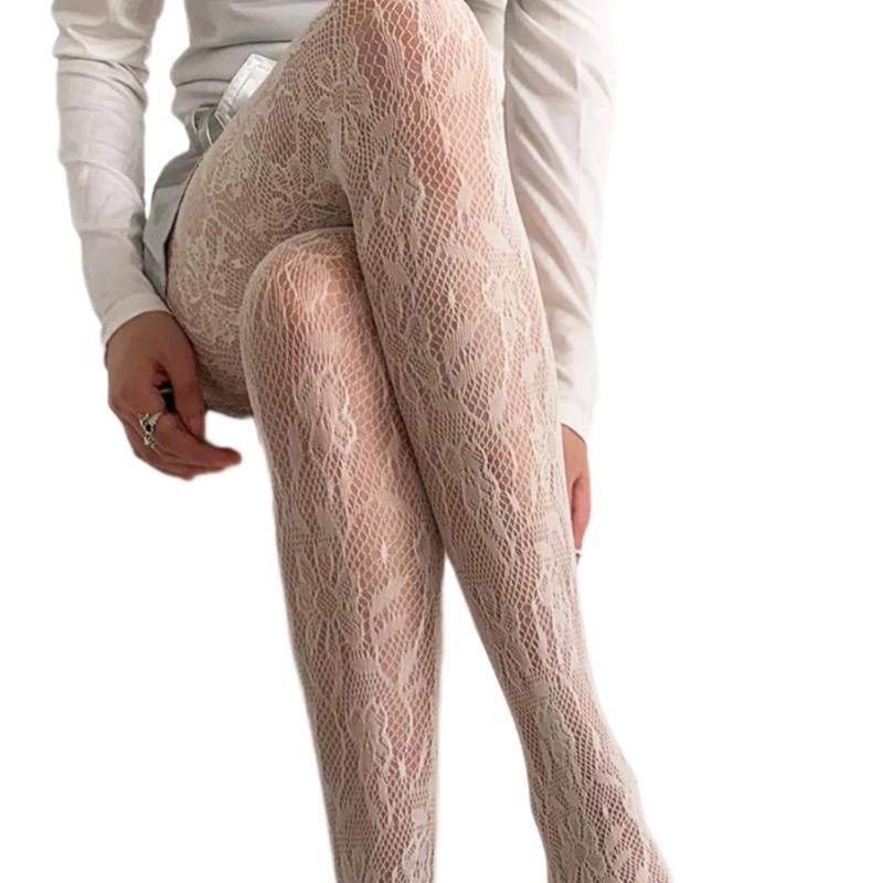 Women French Style Sexy Hollowed Sheer Fishnet Pantyhose Vintage Flower Jacquard Patterned Leggings JK Girl Lace Tights