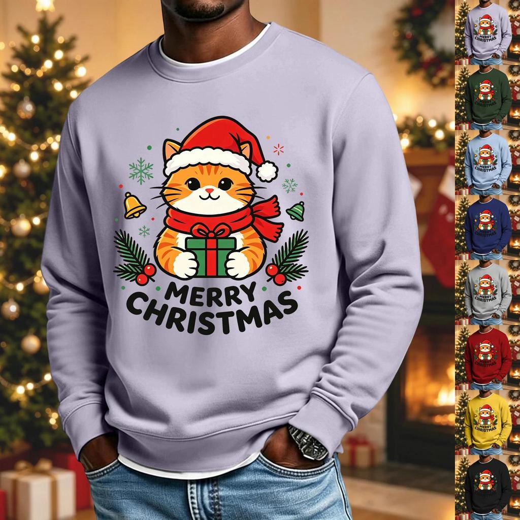 Men's Casual Long Sleeve Crewneck Top with Christmas Print for Holiday Celebrations