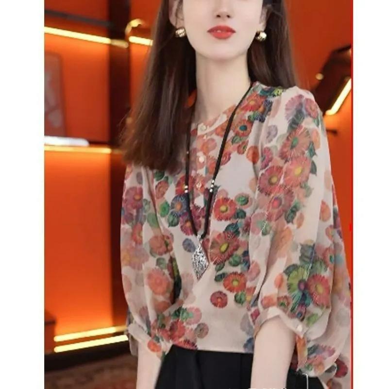 Loose Women's Tops, Summer Clothes, Seven-point Western Style T-shirt Design, Fashionable Sleeves, French Floral