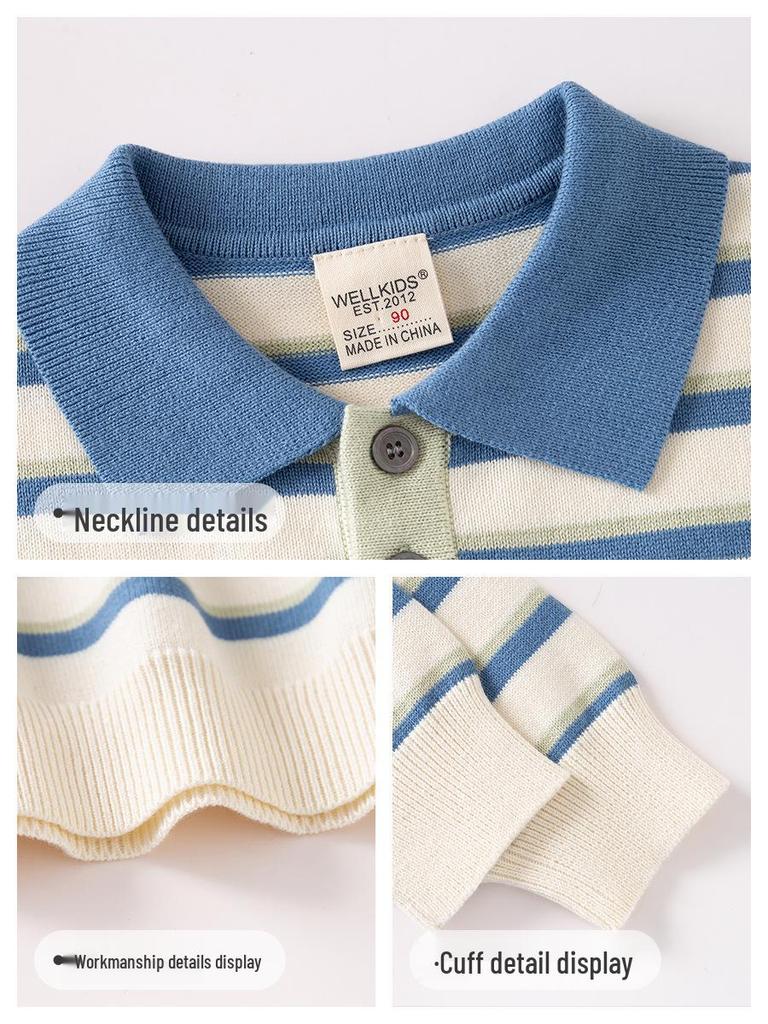 Boys' Striped Lapel Sweater for Spring & Autumn